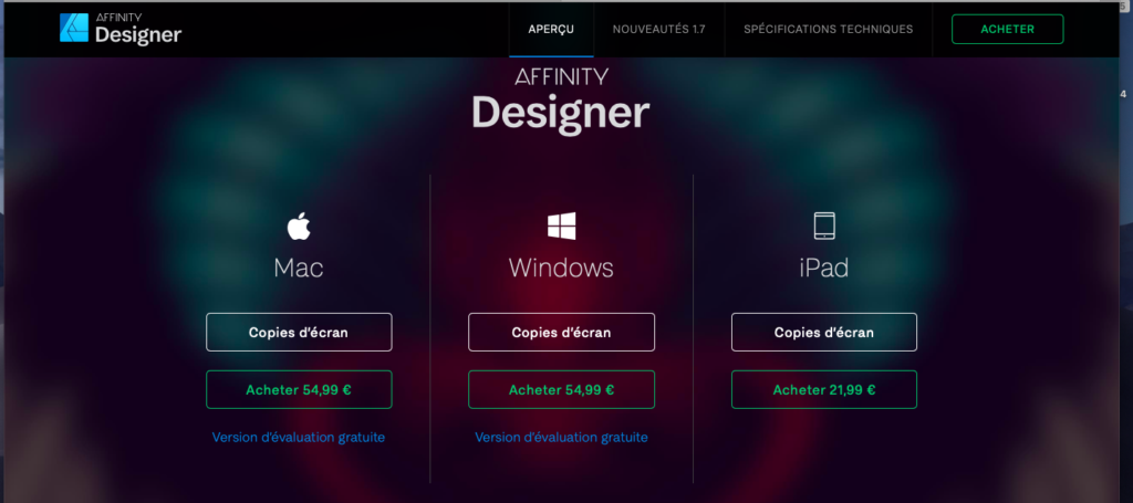 Une capture d'écran de la page d'achat de licences d'Affinity Designer sur le site de Serif 