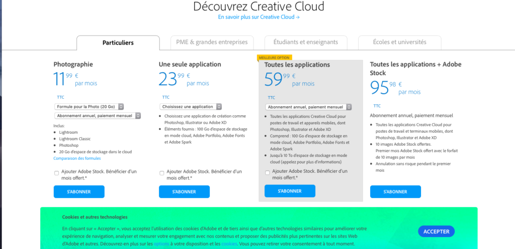 Une capture d'écran de la page d'achat d'abonnements au Creative Cloud d'Adobe